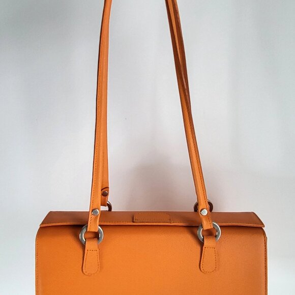 Italian Leather Orange Shoulder Bag - Structured Barrel Tote - Made in Italy - Picture 2 of 9